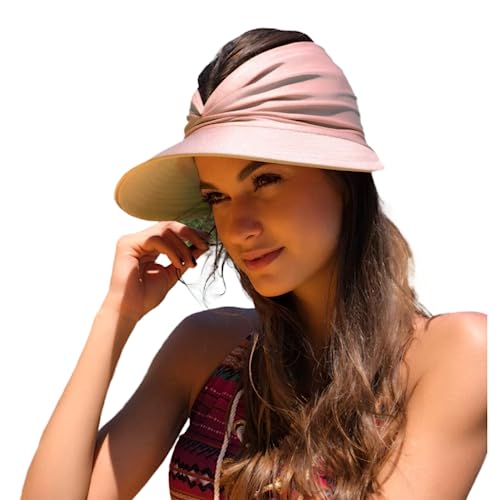 Sun Hat Women Beach Visor Cap UV Protection with Wide Brim Packable Summer Sport Ponytail Sun Cap - color: Pink