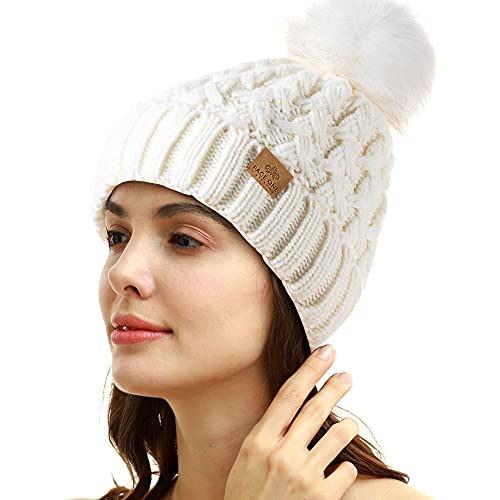 PAGE ONE Womens Winter Ribbed Beanie Crossed Cap Chunky Cable Knit Pompom Soft Warm Hat - color: White