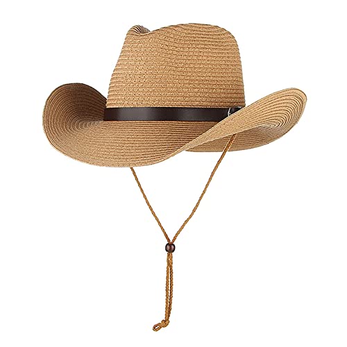Straw Cowboy Hat for Women Men Classic Western Cowgirl Cap Foldable Sunhat Shapeable Fedora Panama Cap Wide Brim Beach Hat - color: Khaki