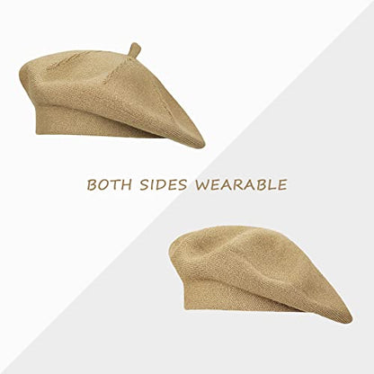 Gllutt Beret Hat French Style Stretchy Knitting Solid Color Both Side Usable - color: Camel