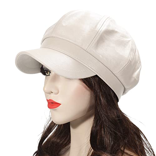 ZLYC Womens PU Leather Newsboy Caps Gatsby Cabbie Hat for Girls - color: Cream White, size: Medium