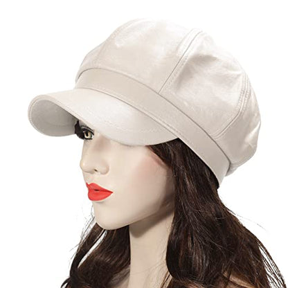 ZLYC Womens PU Leather Newsboy Caps Gatsby Cabbie Hat for Girls - color: Cream White, size: Medium