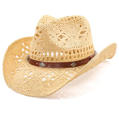 WQWOVRVO Cowboy Hat,Cowgirl Hat,Cowboy Hats for Women/Mens/Straw Wide with Shapeable Brim Cowboy Hat for Womens/White/Black. - color: Beige + Brown Calf Head