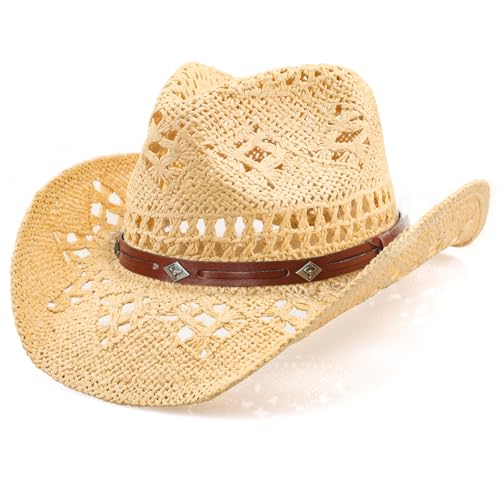 WQWOVRVO Cowboy Hat,Cowgirl Hat,Cowboy Hats for Women/Mens/Straw Wide with Shapeable Brim Cowboy Hat for Womens/White/Black. - color: Beige + Brown Calf Head