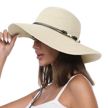Womens Floppy Straw Sun Hat Wide Brim UPF 50 Sun Protection Packable Summer Beach Hats with Wind Lanyard - color: Beige, size: Medium