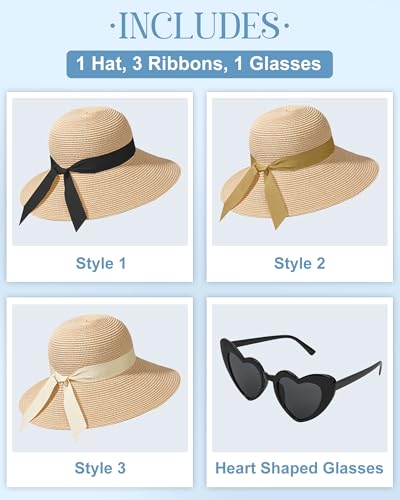 Sun Straw Hats for Women, Wide Brim Summer Beach Hat - color: Beige Khaki, size: Large