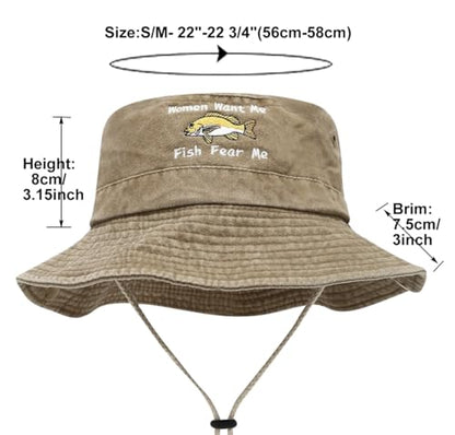 Sun Bucket Hat for Men Women Fishing Beach Safari Trendy Cotton Cowboy Cap for Golf Hiking Hunting Outdoor Boonie - color: Fish Khaki