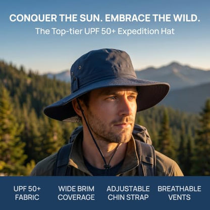 Sun Fishing Hat for Men UPF 50+ Wide Brim Boonie Hats for Summer - color: Navy Blue