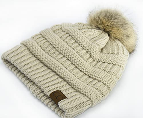 C.C Trendy Fuzzy Fleece Lined Warm Comfortable Soft Stretch Cable Knit Ribbed Faux Fur Pom Pom Beanie Hat - color: Beige