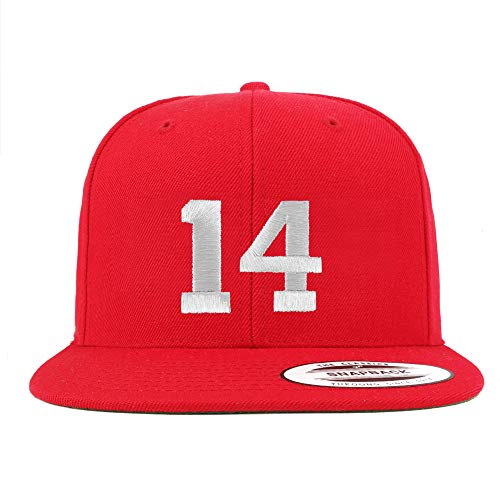 Trendy Apparel Shop Number 14 White Thread Embroidered Flat Bill Snapback Baseball Cap - color: Red