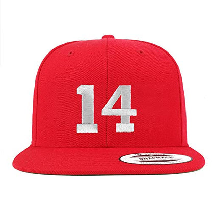 Trendy Apparel Shop Number 14 White Thread Embroidered Flat Bill Snapback Baseball Cap - color: Red