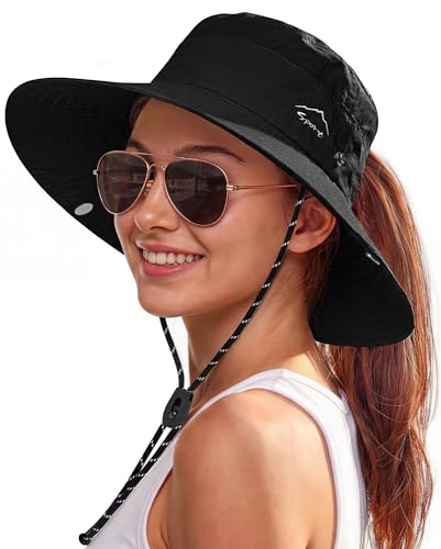 Zando UPF 50+ Wide Brim Sun Hat for Women, Hiking Hat with Ponytail Hole - color: Black