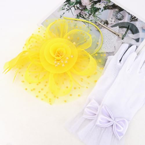 Womens Fascinators Hats and Gloves Set Short Lace Gloves Tea Party Flower Mesh Hair Clips - color: Yellow