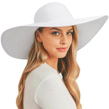 DRESHOW Big Straw Sun Hats for Women Floppy Foldable Roll up Beach Cap Sun Hat UPF 50+ Vacation Honeymoon Embroidered Hat - color: Medium Size: White / Brim 5.5" (Head Circumference 22-22.8")