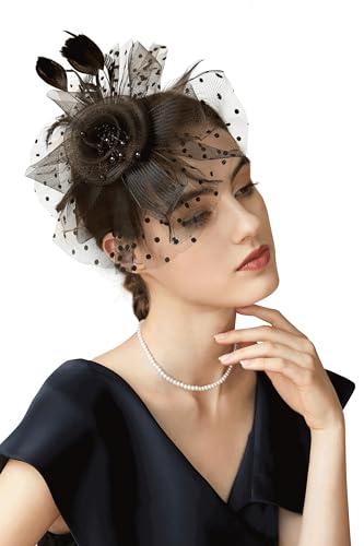 BABEYOND Fascinators Hats for Women Tea Party Flower Tulle Bead Derby Hat - color: Dusty Black