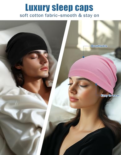 Cotton Skull Caps Lightweight Summer Beanie Hat Thin Sleep Sleeping Hats Chemo Caps Running Helmet Liner - color: Black & Pink