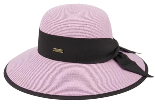 Women’s Panama Hat – Wide Brim Straw Sun Hat, Lightweight Breathable Summer Beach Hat with Ribbon Bow for Travel Vacation - color: Lavender