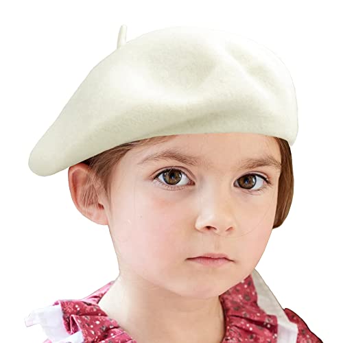 Wheebo Berets for Kids Wool French Beret Hats Artist Painter Hats for Little Girls Boys Solid Color Style - color: White