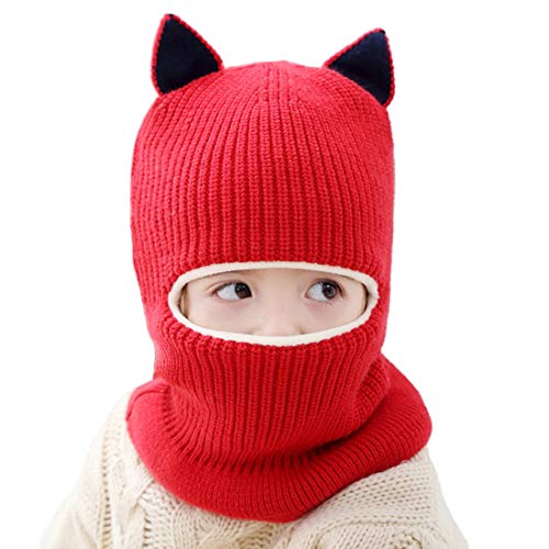 Toddler Winter Hat Baby Balaclava 2 in 1,Fleece Lined Knitted Beanie with Face Mask, Ear Flaps & Pom Pom for Boys Girls - color: Cat-red