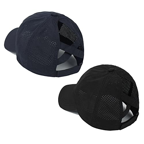 Womens Criss Cross Ponytail Hat Quick Drying Baseball Cap Sun Hats UV Protection Sport Cap - color: (2-pack)black/Dark Blue