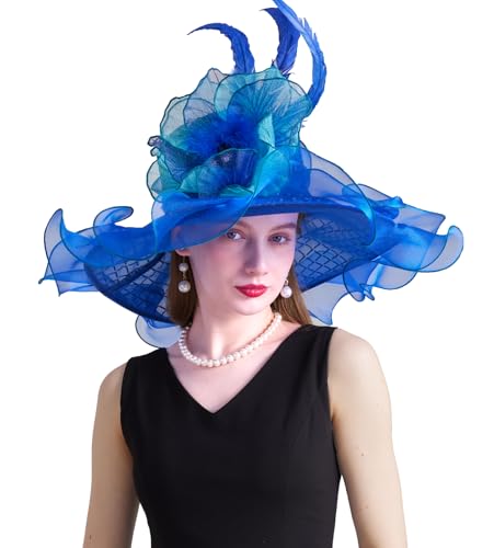 ORIDOOR Women Organza Fascinator Church Derby Hat Floral Tea Party Wedding Hat - color: B3 Royal Blue