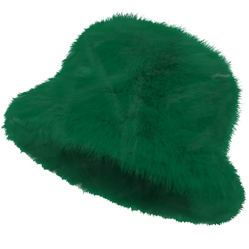 LA CARRIE Women's Fuzzy Wide Brim Faux Fur Bucket Hat Winter Fisherman Cap - color: Green