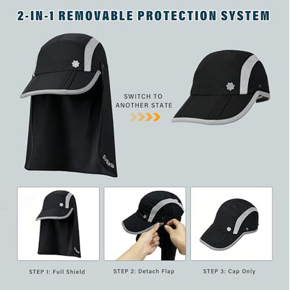 Tirrinia UPF 50+ Fishing Hat with Removable Neck Flap, Baseball Cap - color: Black