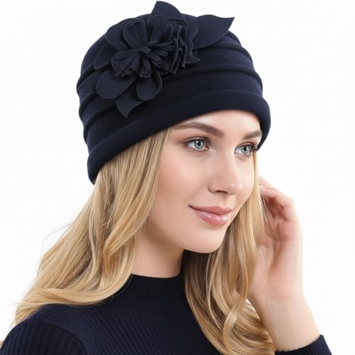 Women's Wool Dress Church Cloche Hat Bucket Winter Floral Hat - color: Floral-navy