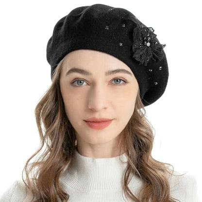 ZLYC Women French Beret Hat Reversible Solid Color Mosaic Warm Artist Cap - color: Bead Flower Black