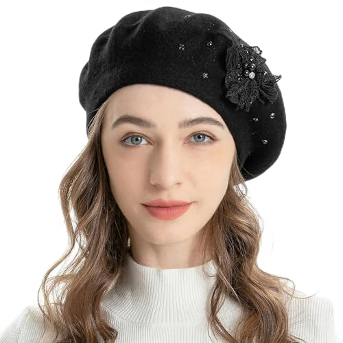 ZLYC Women French Beret Hat Reversible Solid Color Mosaic Warm Artist Cap - color: Bead Flower Black