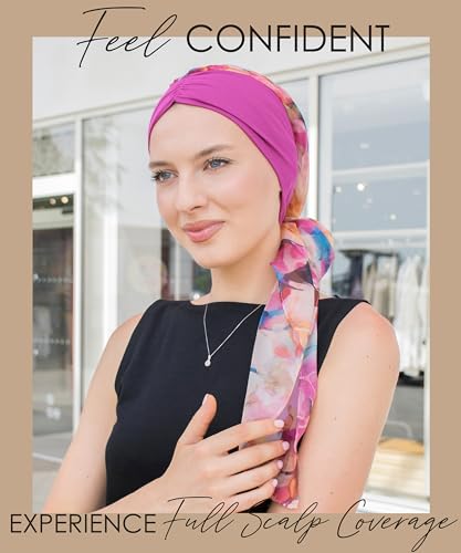 CAPLORD Chemo Headwrap for Women Turban Headwear for Cancer Patients Skull Cap Hair Loss Cover Lightweight Head Covering Hat - color: Fuchsia Colorful