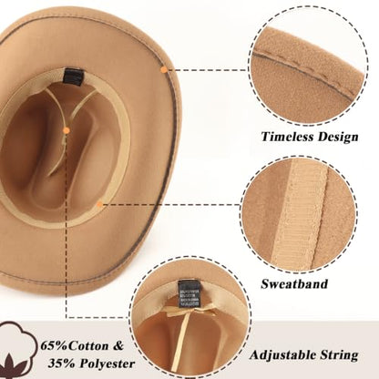 DRESHOW Women's Western Cowboy Hat Rhinestone Cowboy Cowgirl Hat Glitter Wide Brim Felt Fedora Hats Unisex Rolled up Caps - color: 1 Pack Style 11: Camel
