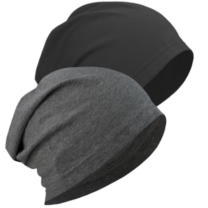 ROYBENS 100% Cotton Thin Slouchy Beanie Hat Women Men Lightweight Chemo Cap - color: 2pcs Black+charcoal Grey