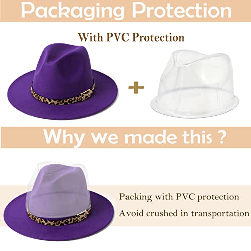 Women's Wide Brim Felt Fedora Panama Hat with Leopard - color: Purple