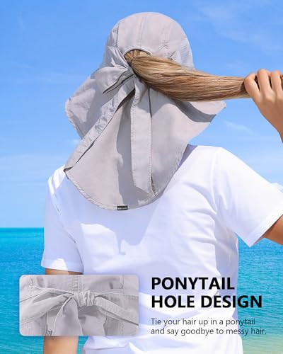 Womens Sun Hat Outdoor UV Protection Wide Brim Fishing Hat with Ponytail Hole Neck Flap for Beach Hiking Camping - color: Sun Hat-light Gray