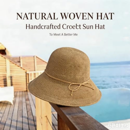 Straw Bucket Hats for Women Beach Sun Hat Foldable Packable Handmade Sun Protection Floppy Travel - color: Khaki-brim3.9"