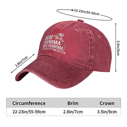 Mom Grandma Great Grandma, I Just Keep Getting Better Hat for Men Dad Hat Graphic Hat - color: Red