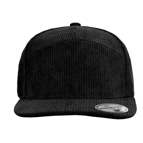 7 Panel Corduroy Cap – Structured Cotton Snapback Flat Bill Adjustable Unisex Streetwear Hat - color: Black