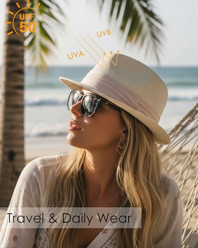 Straw Sun Hat for Men Women Short Brim Beach Trilby Hat UPF 50+ - color: Beige