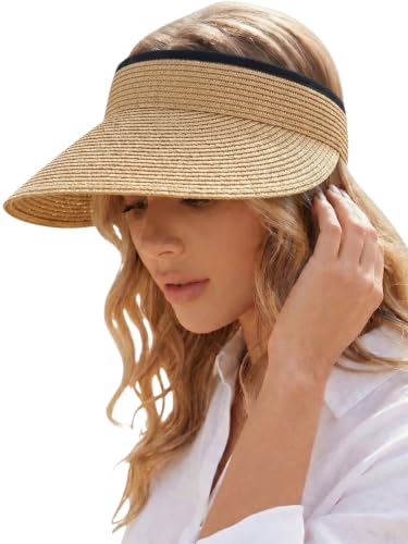 Sun Visor Hat for Women Summer Beach Vacation Essential Ponytail Friendly Travel Foldable Packable UPF 50+ - color: Khaki
