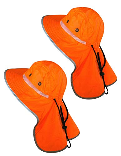Men High Visibility Sun Hat with Neck Flap Wide Brim Boonie Hat Bucket Cap Packable Adjustable - color: 2pcs Neon Orange