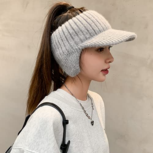 Open Beanie with Earflaps Visor Brim Bun Ponytail Winter Golf Tennis Hats Women - color: Grey
