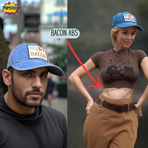Popfizzy Funny Hats for Men and Women, Fun Adult Baseball Cap, Funny Birthday Gifts for Women and Men, Cool Dad Hat Gift Idea - color: Body By Bacon (Blue)