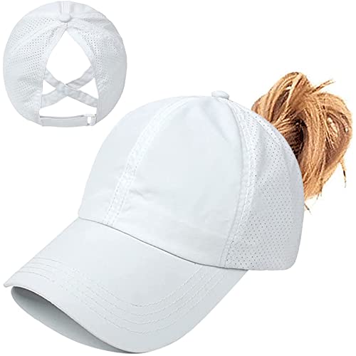 Womens Ponytail Hat Baseball Cap, Adjustable Criss Cross Baseball Cap High Bun Unisex Quick Drying Trucker Hats - color: Zwhite