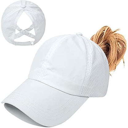 Womens Ponytail Hat Baseball Cap, Adjustable Criss Cross Baseball Cap High Bun Unisex Quick Drying Trucker Hats - color: Zwhite