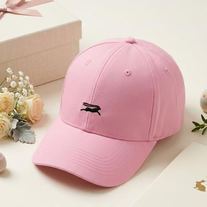 Wishper Studio Embroidered Baseball Cap for Women Men, Cotton Hat with Adjustable Velcro, Minimalist Animal Embroidery - color: Pink Rabbit
