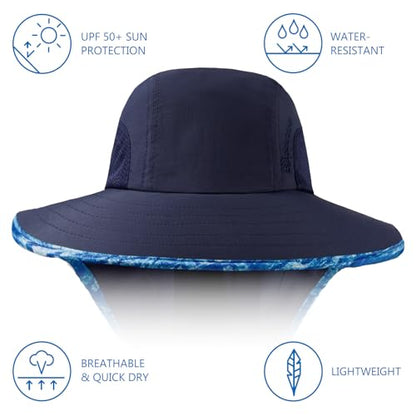 BASSDASH UPF 50+ Unisex Water Resistant Wide Brim Sun Hat with Large Neck Flap Ponytail Fishing Hat for Men Women - color: Navy Blue/Ripple