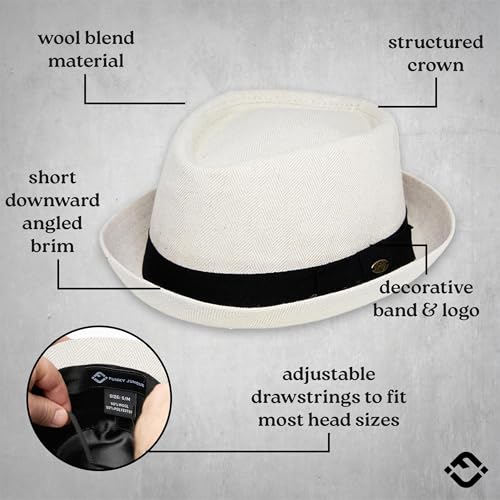 Funky Junque Wool Blend Porkpie Fedora, Classic Trilby Dress Hat - color: Cream Herringbone, size: Medium