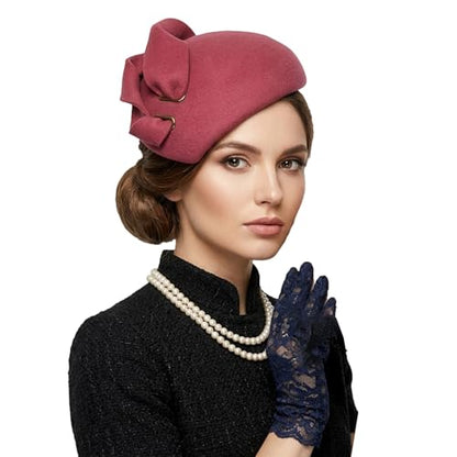 Women Wool Derby Hat for Women Pillbox Hat Wedding Hats Felt Bowknot Fascinators - color: Pink