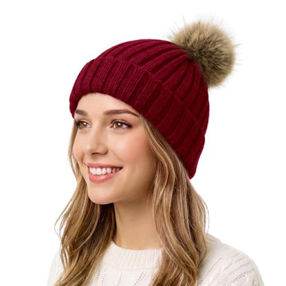 Satin Lined Beanie for Women with Detachable Pom Pom, Winter Cuffed Hat - color: Wine Red
